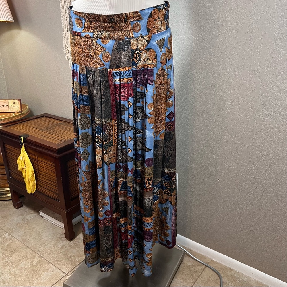 Unique Vintage Midi Skirt pleated tribal ethnic boho chic earth tones Size L